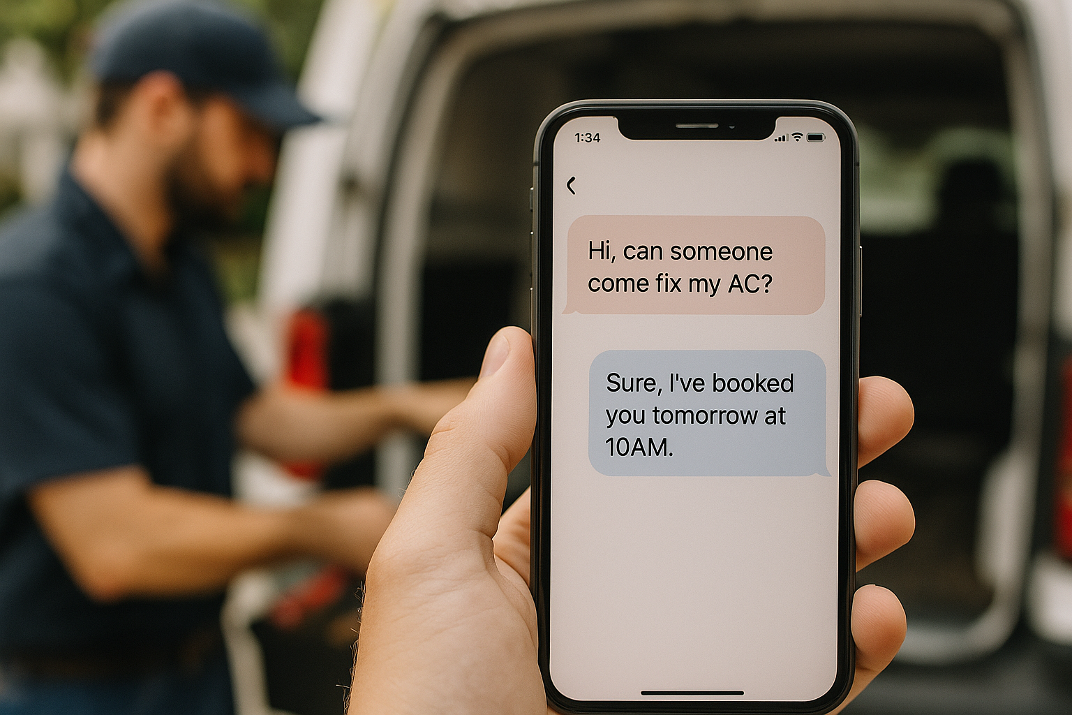 A simple UGC-style shot of a smartphone with a chat bubble interface:

Customer: “Hi, can someone come fix my AC?”

AI: “Sure, I’ve booked you tomorrow at 10AM.”

In the background, a tech is grabbing tools, showing that jobs are already in motion.