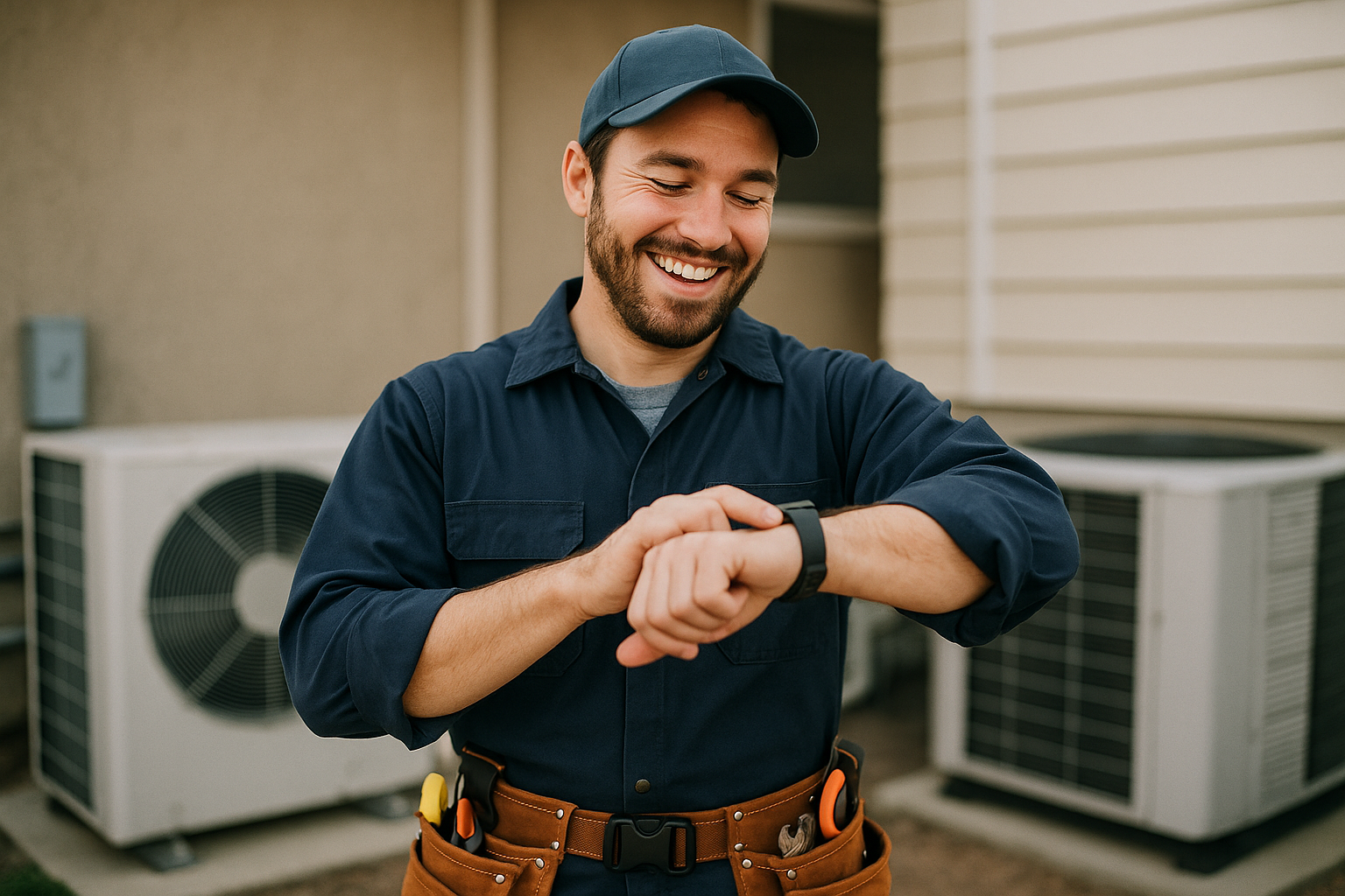 I need a ugc picture of an hvac worker happy to have more time on their hands 